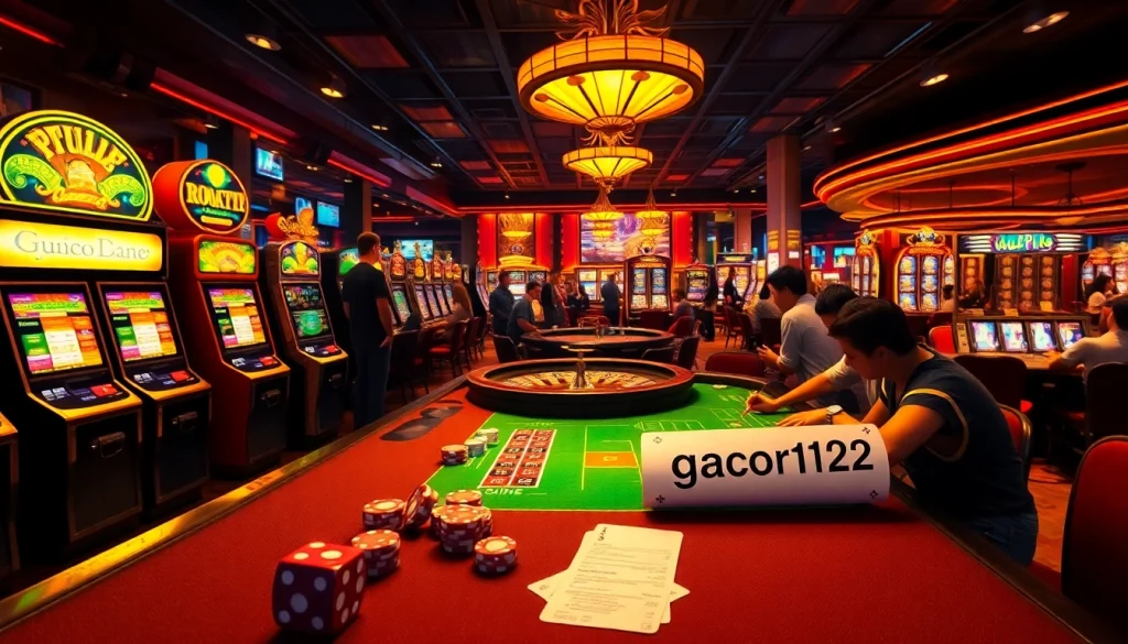 Experience the thrill of winning with gacor123 at an exquisite casino, showcasing lively tables and vibrant slot machines.