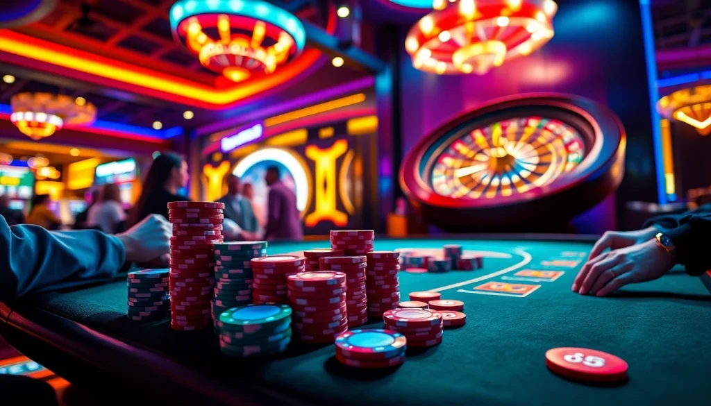 Experience the thrill of gacor123 as players engage in high-stakes poker, illuminated by vibrant casino lights.