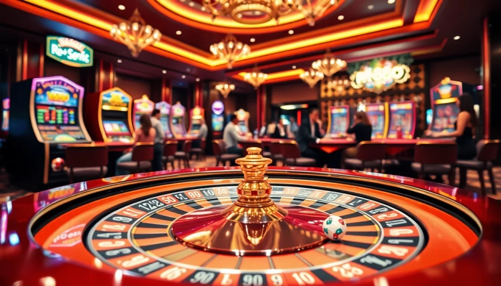 Experience the thrill of rr88 đăng nhập at an opulent casino with roulette and vibrant slot machines.